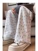 Petite White Floral Women's Summer Sweatpants, Thin Wide-Leg Loose Fit Joggers, XS