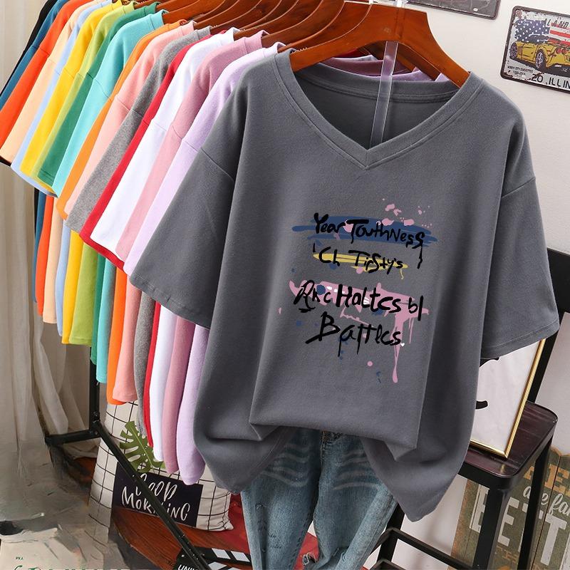 Camiseta de manga curta, Solta, Top V-neck Estampado Emagrecedor para Mulheres