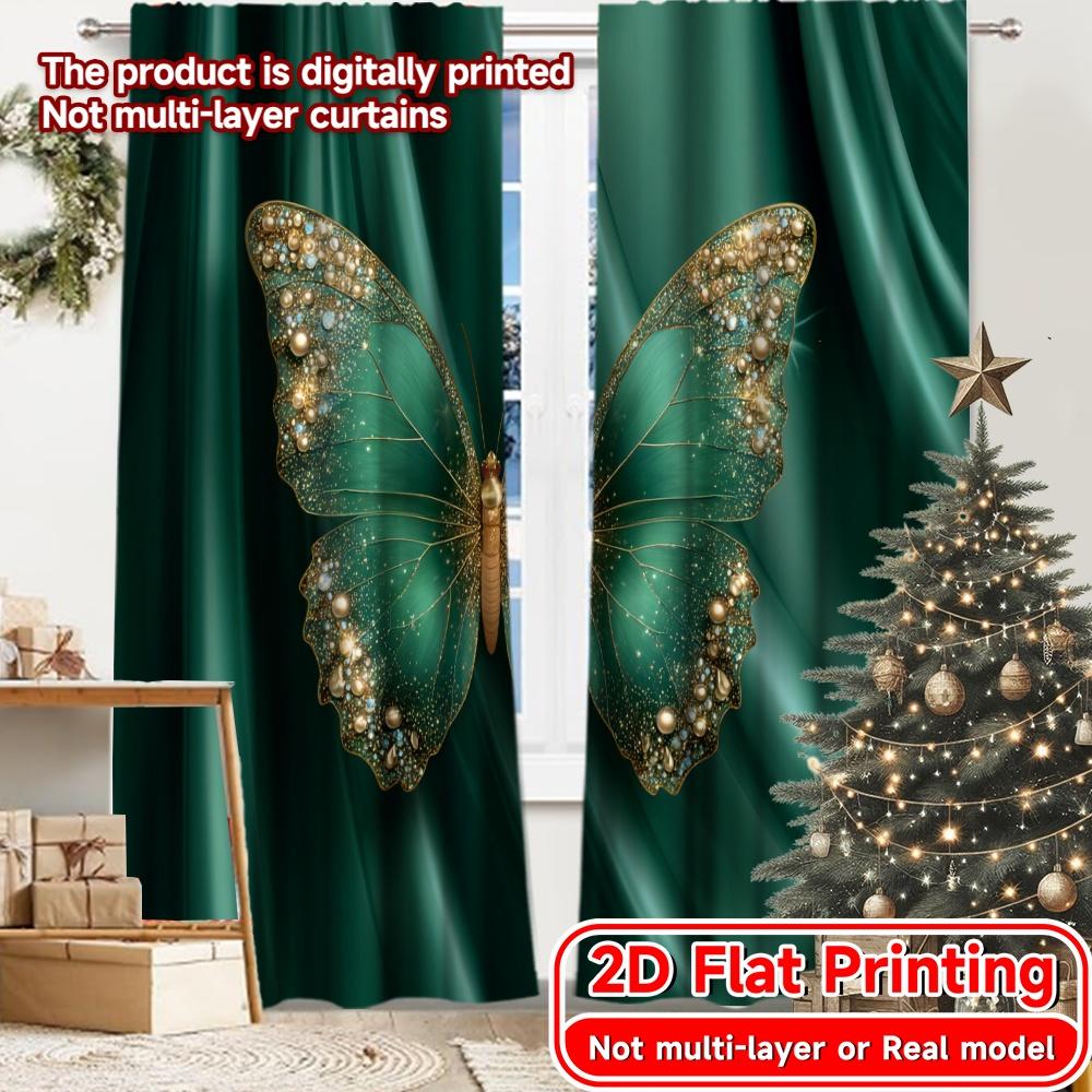 

Set Of 2 Flat Printing Emerald Butterfly Chic Curtains Polyester Easy Install Holiday Ldeal Living Curtain Semi Sheer W100*H70(CM)-Grommet top&2PCS