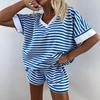 Women's Summer Striped V-Neck Two-Piece Set: Casual Loose Top & Sports Shorts