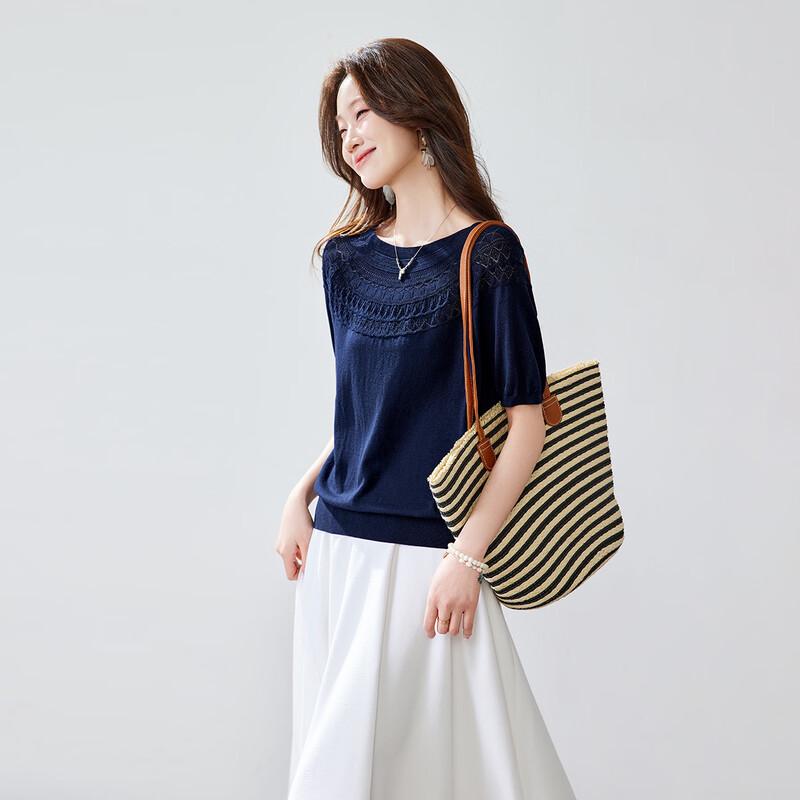 Women's Mulberry Silk Blend Crochet Knit T-Shirt