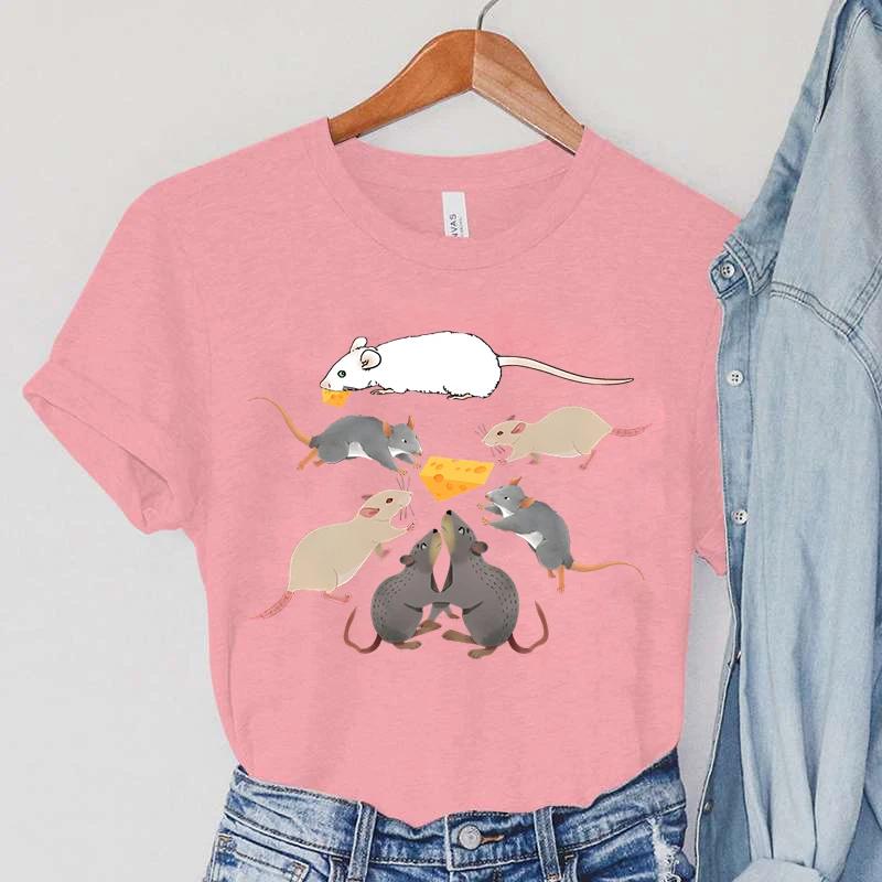 

Футболки Женские Крыса Мультяшный Сыр Летняя Женская Одежда Харадзюку Животное Крыса Футболки с Коротким Рукавом Женские Повседневные Модные Футболки 4XL
