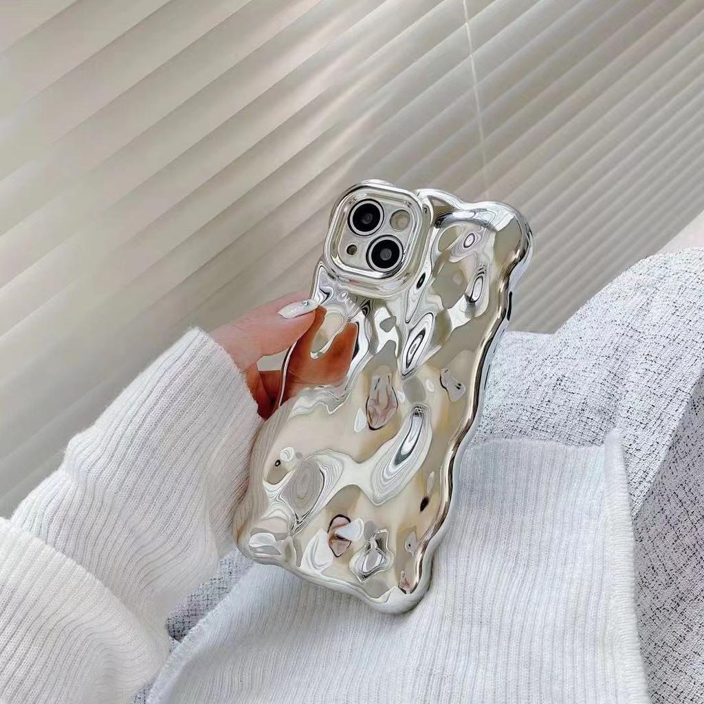 Luxury Plating Wrinkle Wavy Curly Edge Phone Case For iPhone 15 12 13 14 ProMax 3D Unevenness Soft Camera Protection Cover Electroplated Bubble Wave