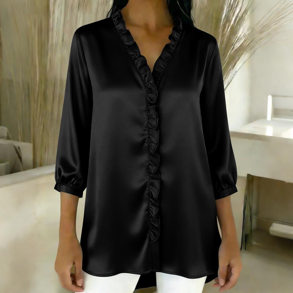 Ladies' Fashionable and Elegant Ruffled Collar Satin Blouse