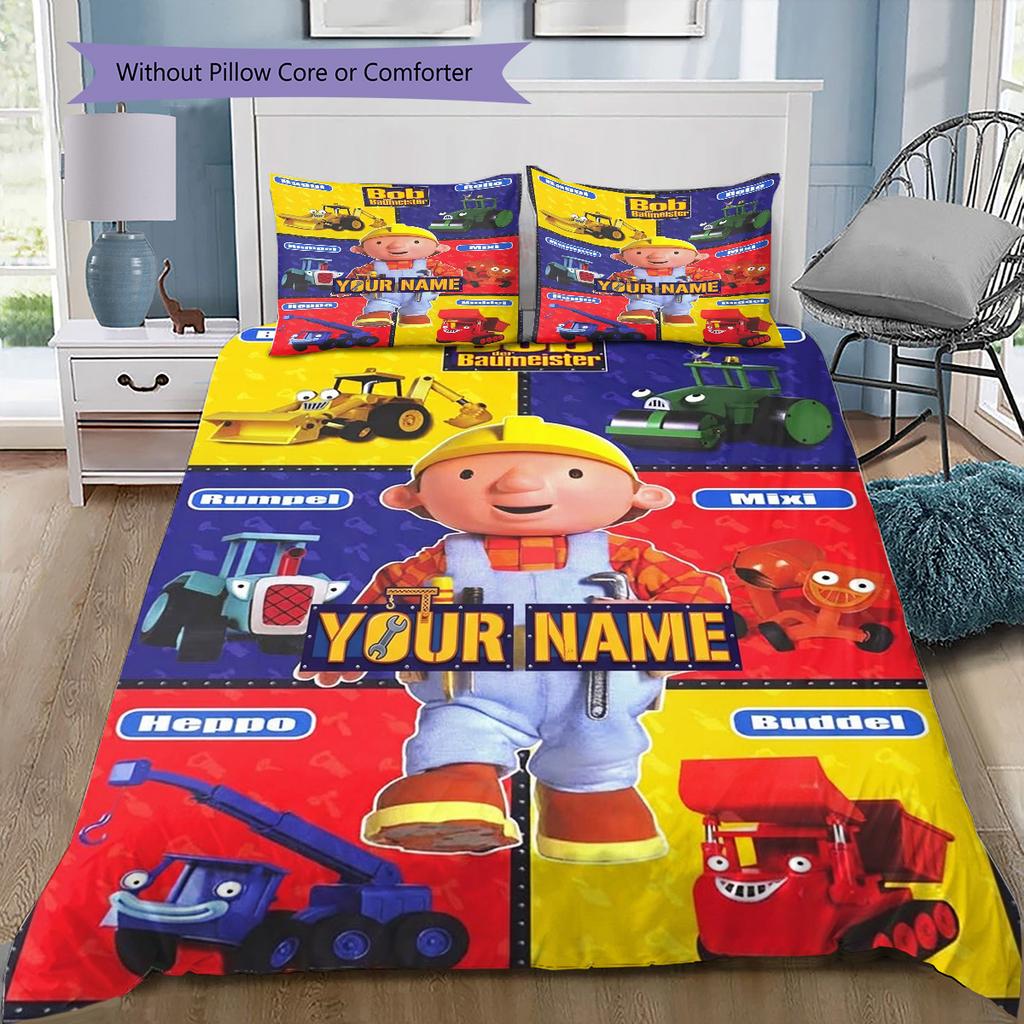 Bob Builder Theme Custom Name Pattern Bedding Quilt Set Quilt Cover Pillowcase Home Birthday Gift(1 * duvet cover + 2 * pillowcase, without core)