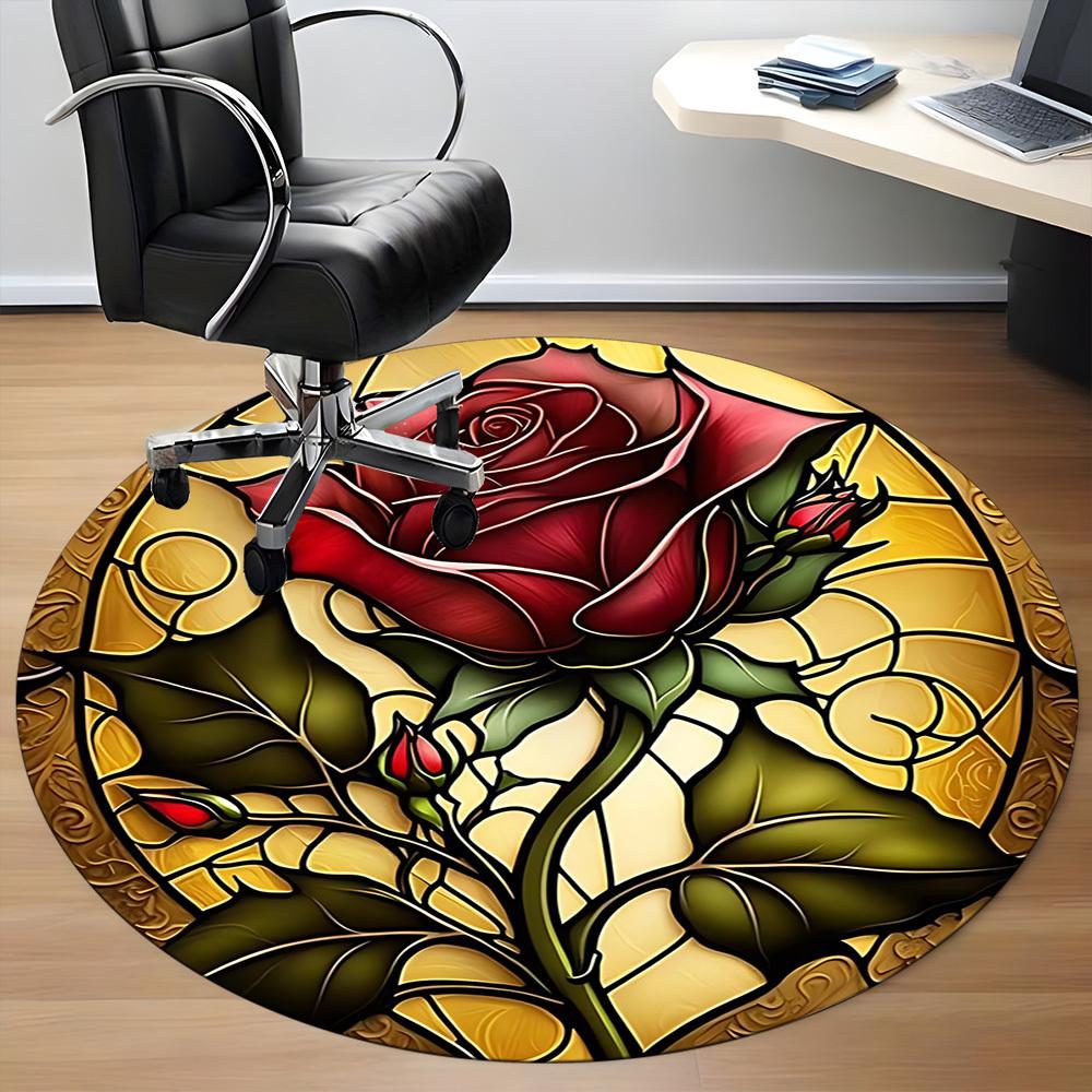1pc Rose StainedGlass Office Round Area Rug, Under Office Chairs Bedroom Living Room Home Decor, Room Deco