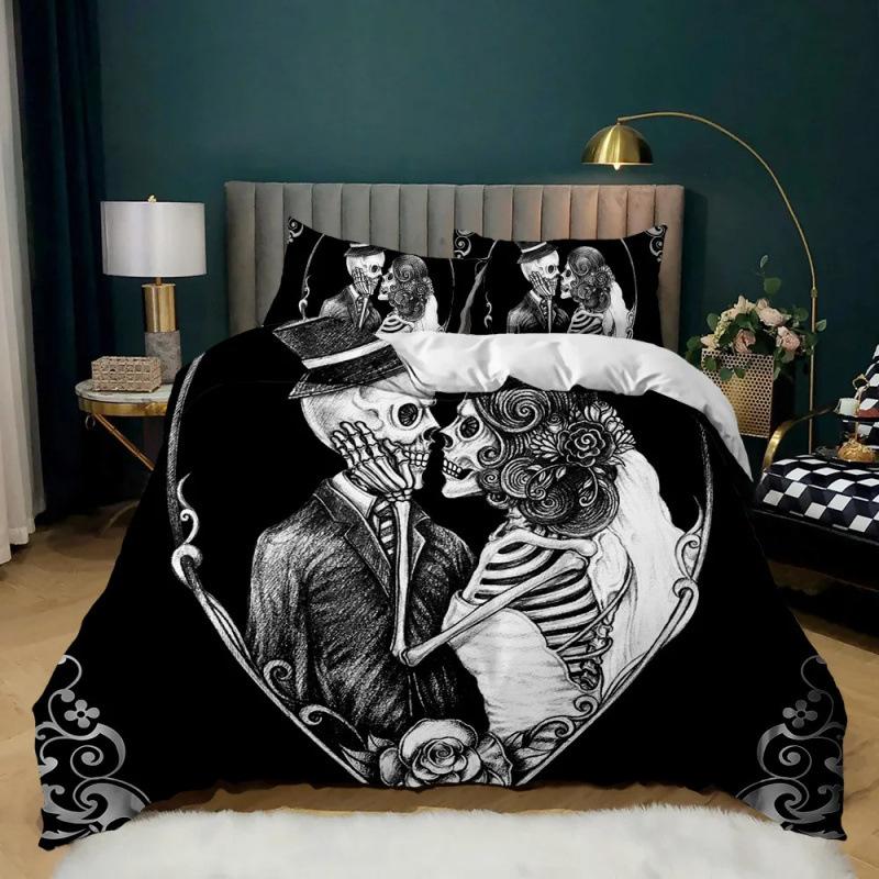 Dark Series Skull Bedding Set Gothic Style Skeleton Duvet Cover Pillowcase Room Decor for Teenagers Adult Halloween Gift