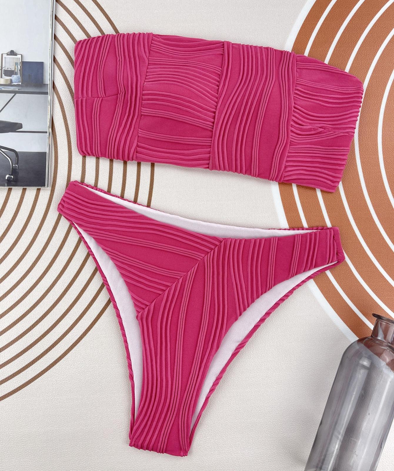 

Женские купальники, однотонные полосатые бандо, бикини с высокой талией, пляжная одежда, купальные костюмы S ярко-розовый