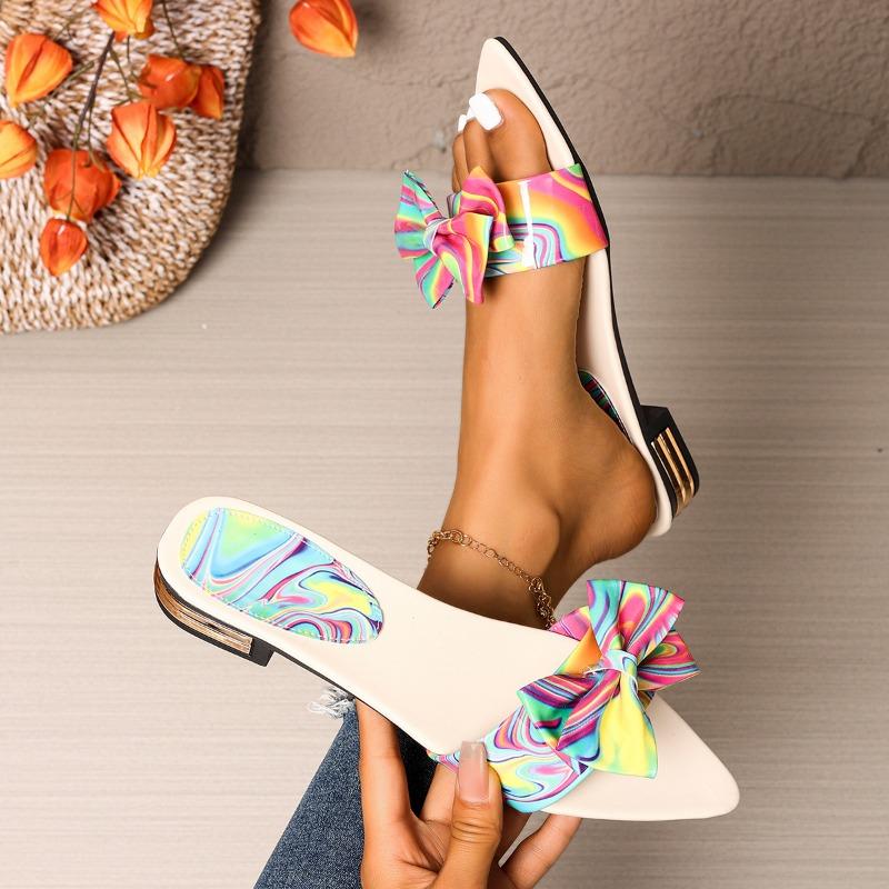 

High-heeled slippers women s summer new bow decoration pointed toe fashion one-word cool slippers women 43 бежевый