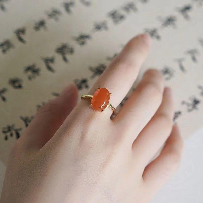 Klasyczne Kreatywne Naturalne Pierścionki z Czerwonego Chalcedonu Dla Kobiet Regulowane Prostota Vintage Elegancja Pierścionek Zaręczynowy Biżuteria