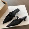 French bow mesh breathable with skirt bag head half slippers women's shoes 2025 spring and summer pointed high heels