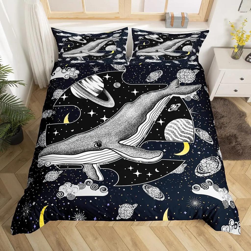 Cat Duvet Cover Set Watercolor Whale Fishing Bedding Set Ocean Sea Wave Comforter Cover Marine Nautical Themed Bedspread Cover