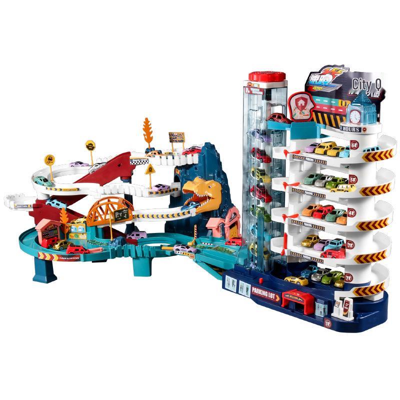 Dinosaur Mountain Road Track & Children's City Car Parking Lot Toy Set