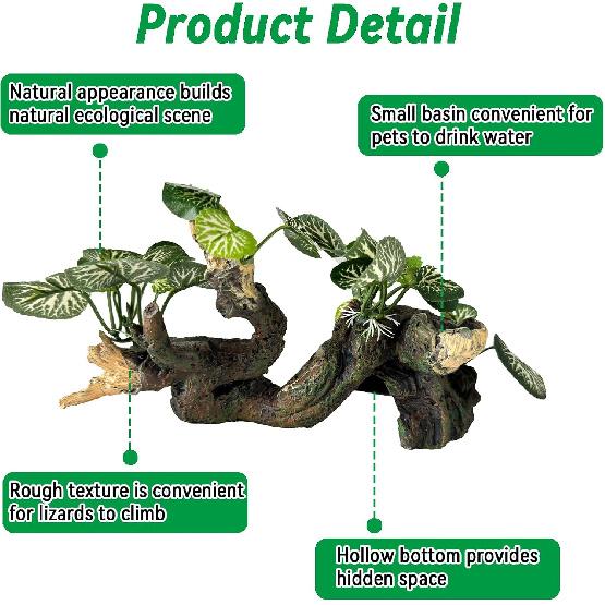 PINVNBY Branches for Reptiles,Crested Gecko Resin Climbing Tree Branch with Hideout Cave Bearded Dragon Tank Accessories Lizard Terrarium Habitat