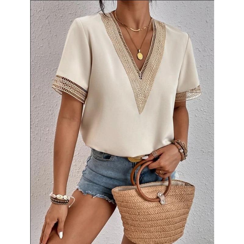 2 new wish women's collar lace casual solid color shirt