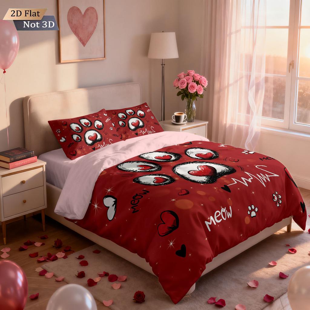 3pcs Valentine's Day Red Cat Claw Printed Bedsheet Set Multi Size Bedroom Dormitory Bed Holiday Decoration Machine Washable