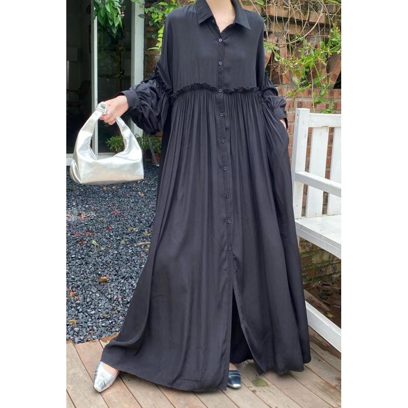 

Корейские свободные платья-рубашки на пуговицах для женщин, летние повседневные однотонные длинные платья, элегантное платье с длинным рукавом и отложным воротником One Size чёрный