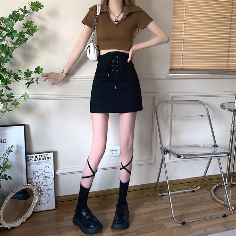 Women's Drawstring Bodycon Skirts Summer High Waist Slim Fit Vintage Black Bottoms Streetwear Y2K Clothing