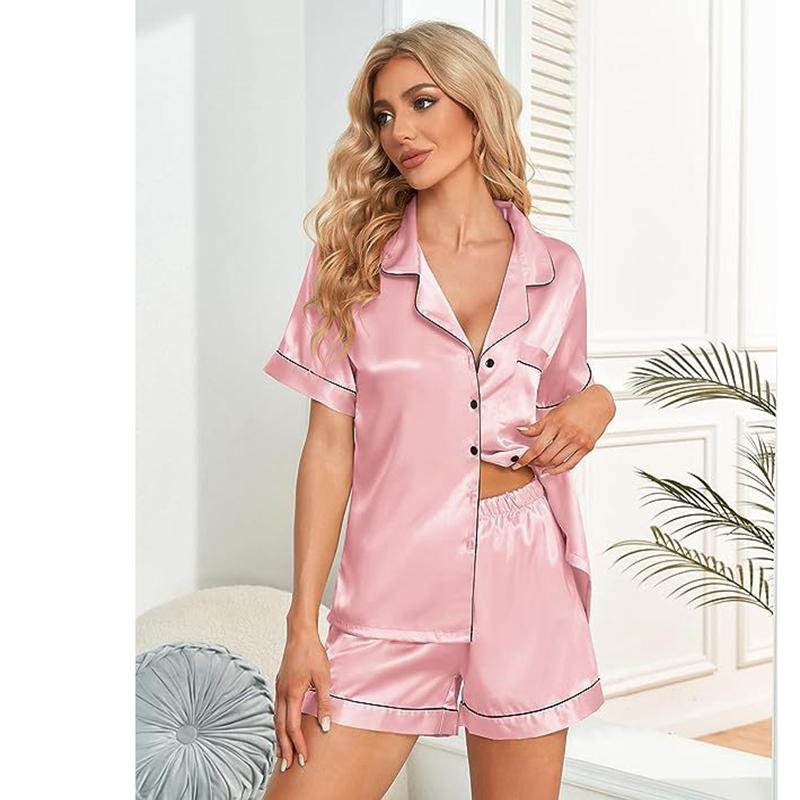 Dammode Pyjamas Set Satin Sovkläder Knäppta Toppar och Shorts Pyjamas 2-delad Kostym Pyjama Femme Nattkläder Loungewear för Sommar