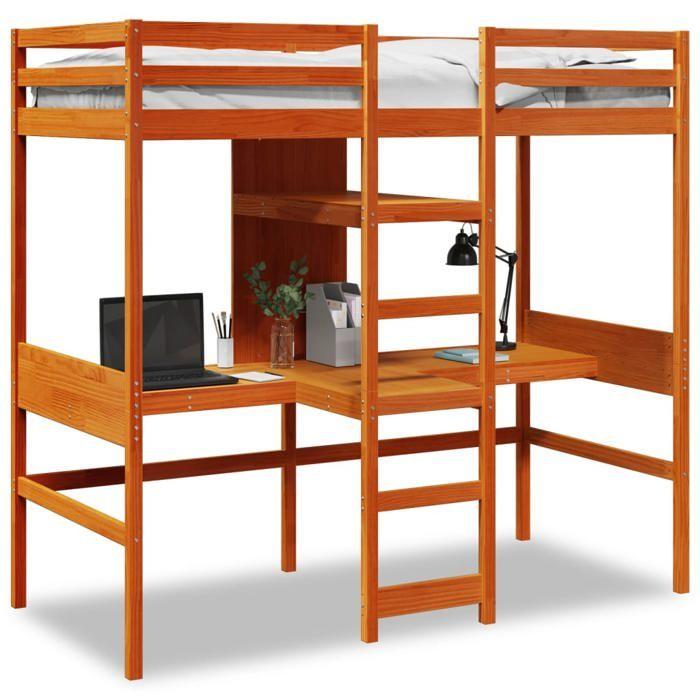 VidaXL Mezzanine Bed with Desk and Shelves Wax Brown 90x200 Cm Pine, Mezzanine Bed Frame, Cabin Bed Frame, Frame 3308543