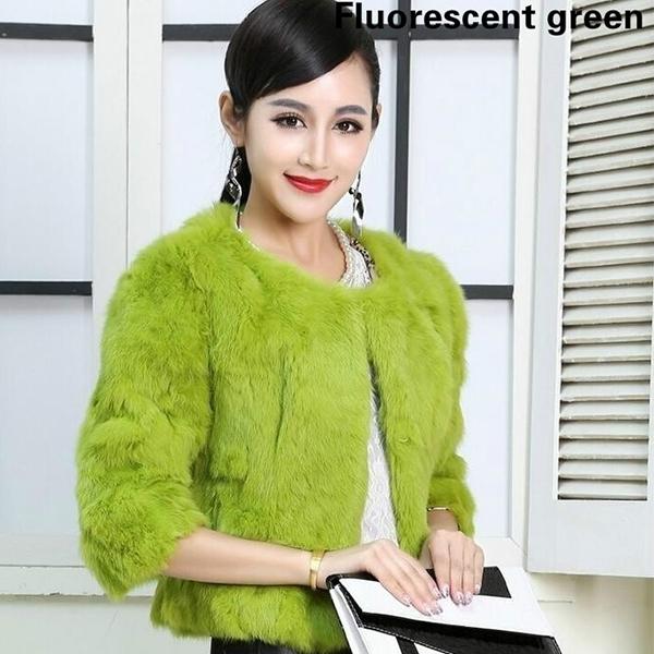 Lady Real Genuine Rabbit Fur 3/4 Sleeve Outwear Winter Warm Jacket Furry Coat
