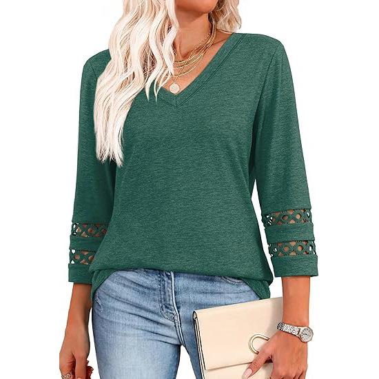 

2026 Spring/Summer New Solid Color V-Neck Lace Trim Three-Quarter Sleeve T-Shirt Top for Women XXL темно-зелений колір