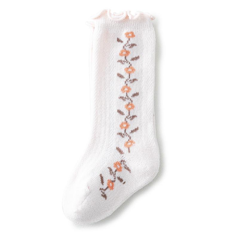 Children's Mid-Calf Combed Cotton Socks with Floral Wood Ear Trim for Spring & Autumn