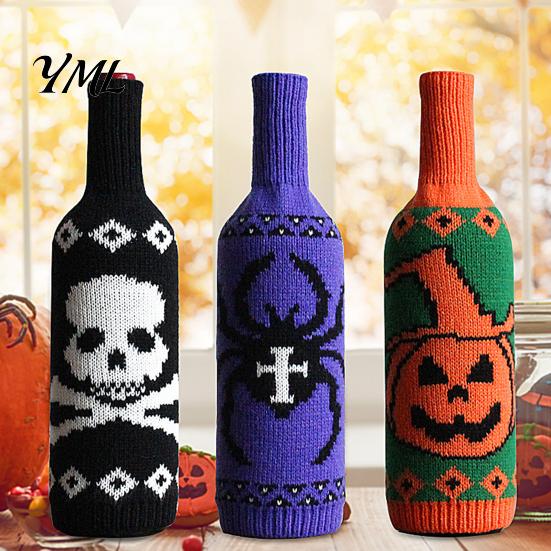 Festive Bar Accessories Halloween Wine Bottle Sweater, Reusable Knitted Champagne Cover, Pumpkin Skull Skeleton Pattern Decor Spider Sleeve Decoration
