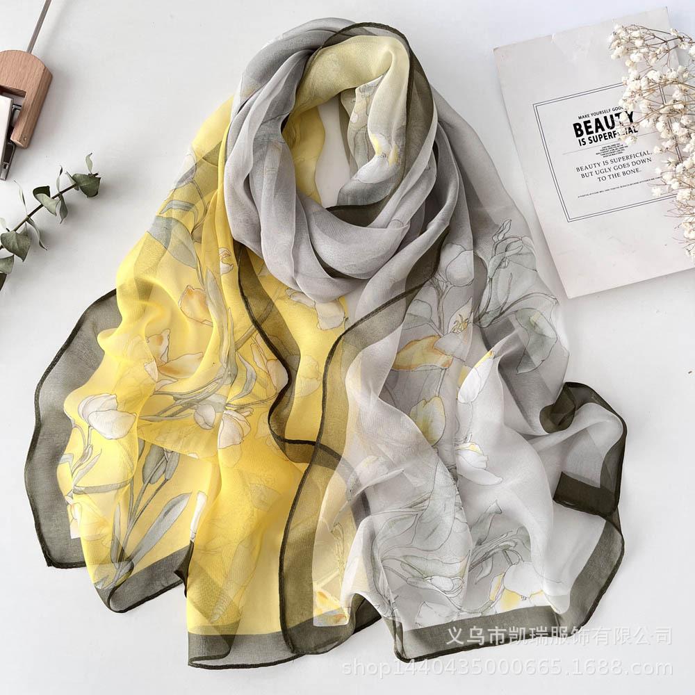 Neuer Sonnenschutz Langer Seidenschal Mohnblume Dünne Imitationsseide Frühling und Sommer Georgette Dekoration Damen Bedruckter Schal