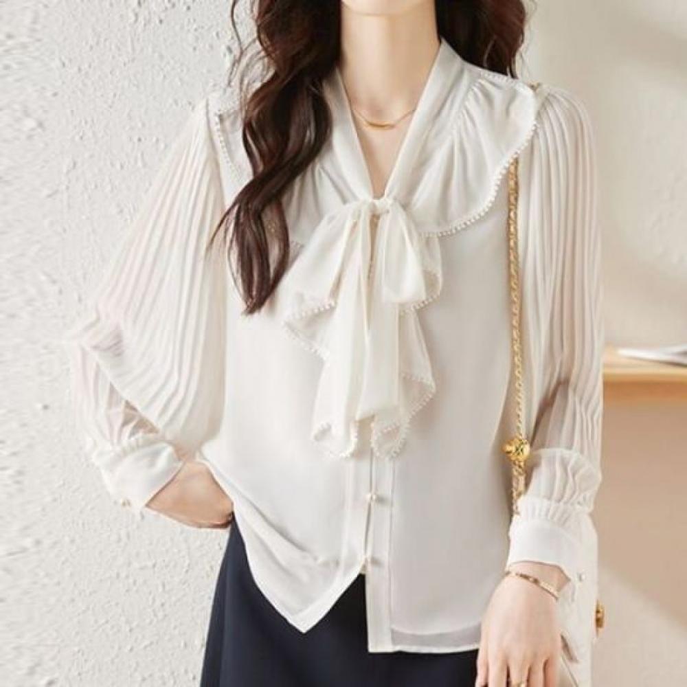 Navava Women Elegant Ribbon Neck Shirred Long Sleeve Blouse Nb3013