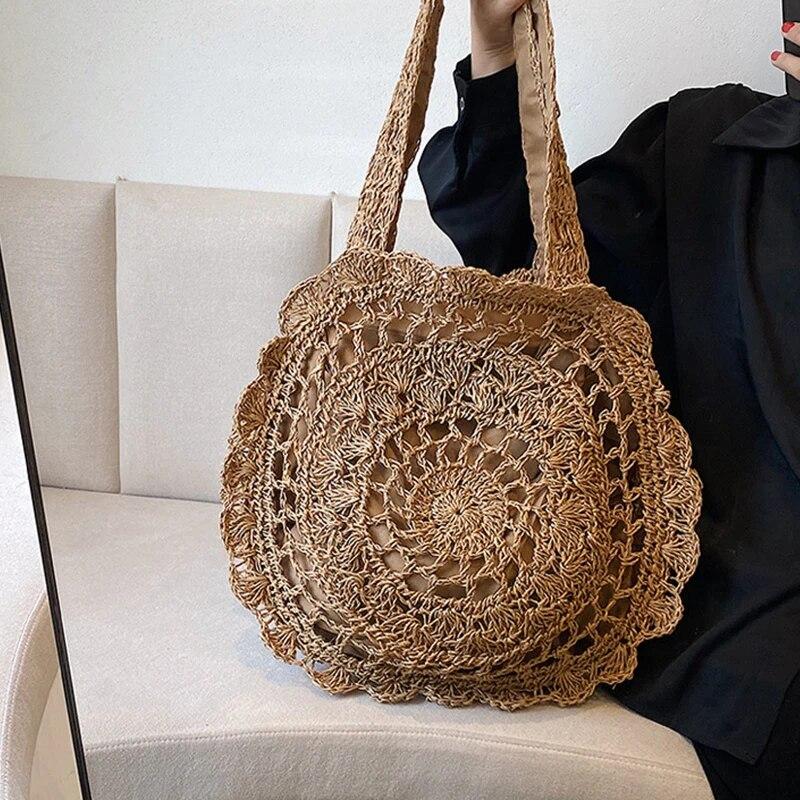 Böhmische Strohtaschen für Frauen, Kreis-Strand-Handtaschen, Sommer-Rattan-Umhängetaschen, handgefertigt, gestrickt, für Reisen, große Tragetaschen, Neu
