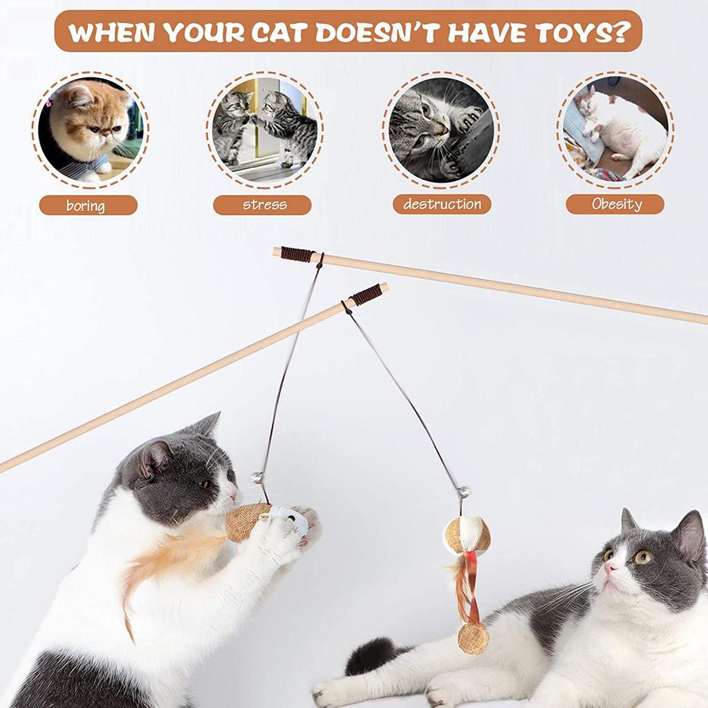 1Pcs Natural Cat Catcher Toy 40cm Wooden Pole With Bell Elastic Pole Turkey Feather Teaser Stick Wooden Pole Linen Feather 28g