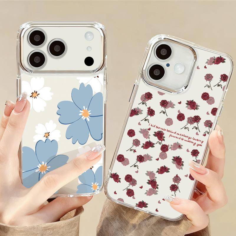 Pink Peony Floral Pattern Case For iPhone 17 Pro Max Plating Lens Frame Clear Soft Cover For iPhone 16 15 14 13 Pro Max 11 16E 17E