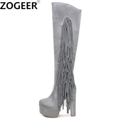 Fashion Flock Damen High Knee Stiefel Fashion Fransen High Heels Stiefel Damen Plateau Party Abend Fetisch Schuhe Frau Große Größe 48