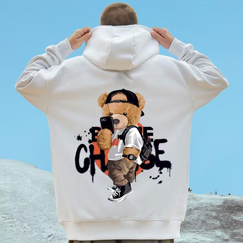 Sweat à capuche avec ours pour homme grande taille - Style américain tendance, Velours Coupe ample, Tailles jusqu'à 8XL