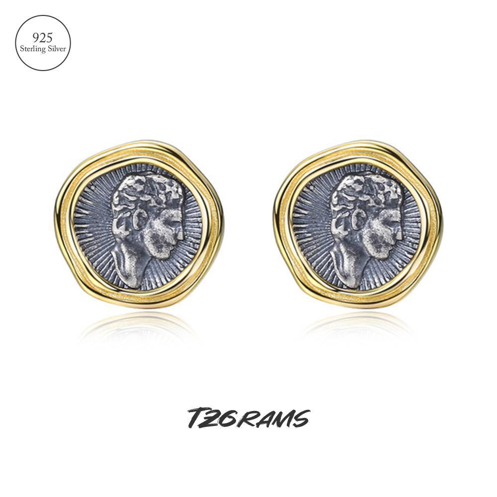 

Женские золотые серьги-гвоздики из стерлингового серебра 925 пробы, ретро нерегулярные круглые серьги-монеты с портретом, винтажные изящные ювелирные изделия, подарок