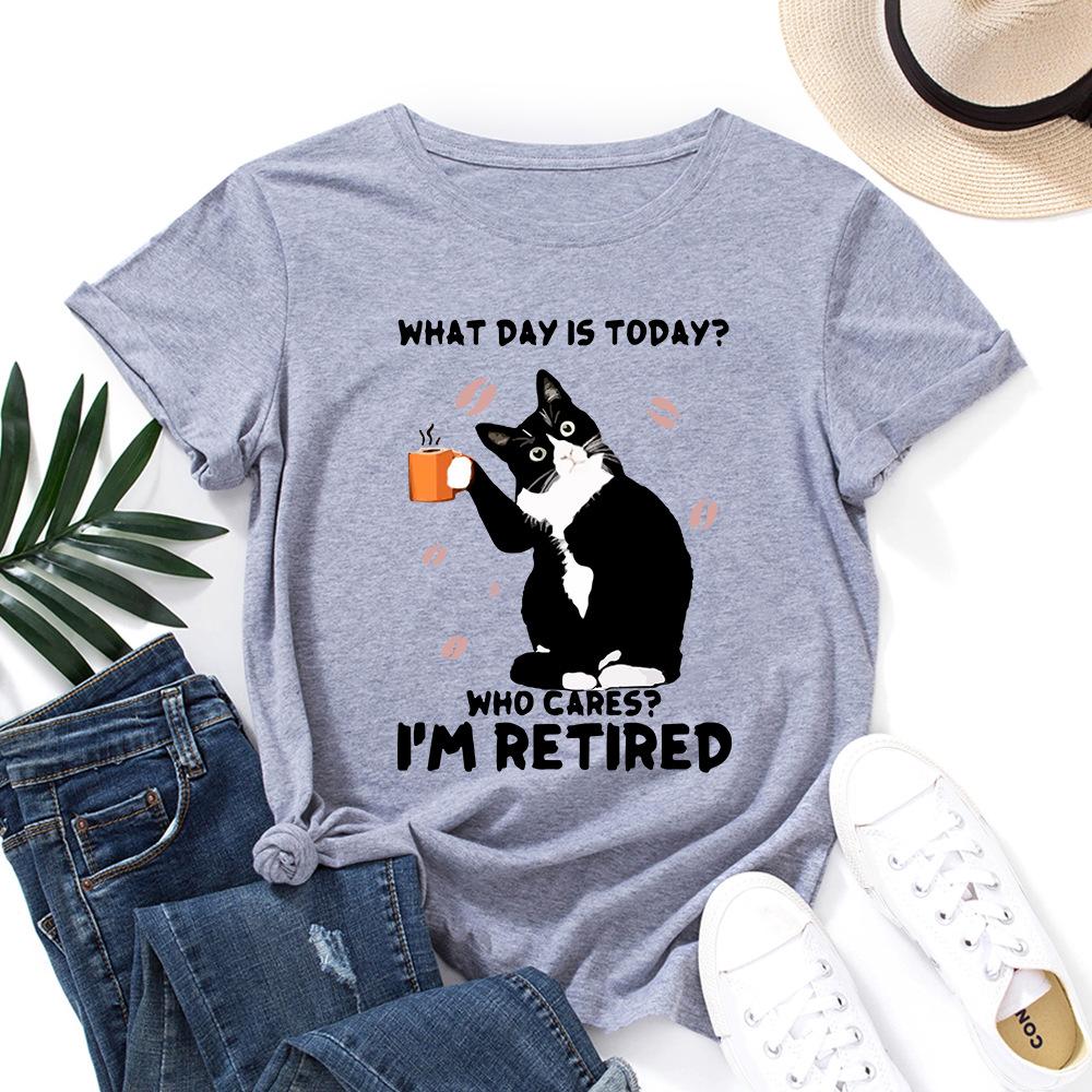 

Women s Letter Cat Print Loose Round Neck Short Sleeved T-shirt for Women Shirt 6xl светло-серый