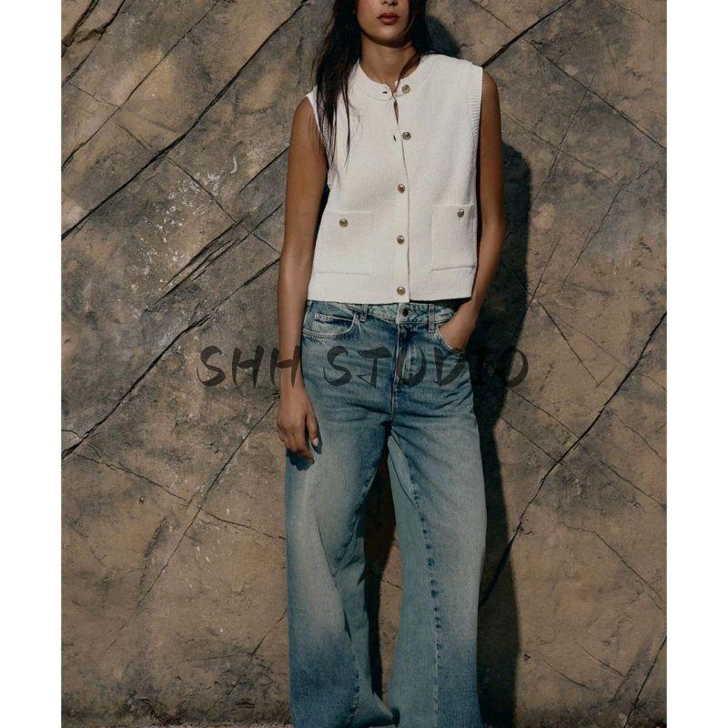 Fall New Women's Clothing French Casual Style Patch Pocket Non-Decorative Round Neck Sleeveless Knitting Vest 6771059