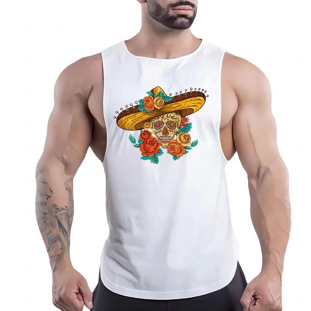 Léto Nové Sportovní Basketbalové Oblečení Bílá Vesta Rychleschnoucí Pánské Kulatý Výstřih Venkovní Pohodlné Prodyšné Kreslený Potisk Lebky