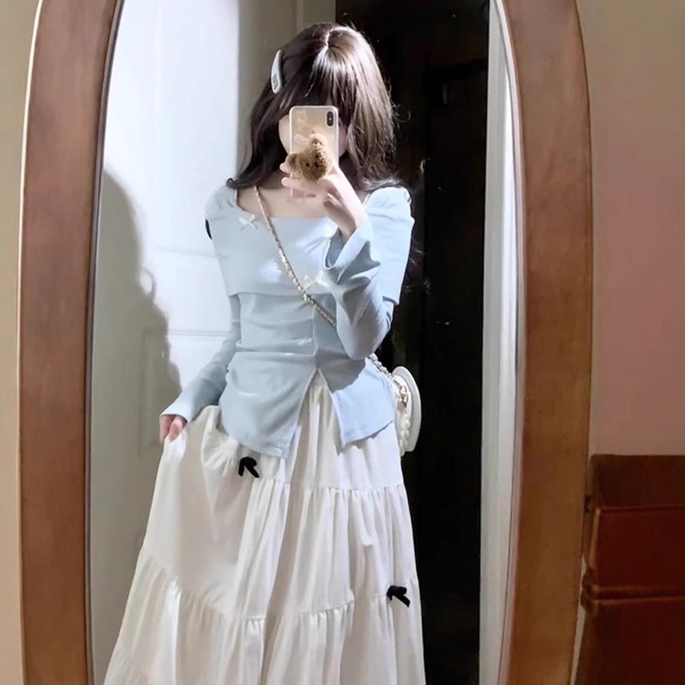 French Blue Long-Sleeve Spring Dress for Women 2025 - Small Sizes Available