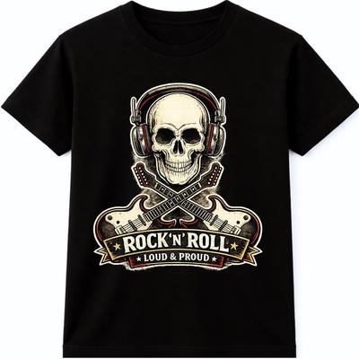Rock N Roll Skull T Shirt Headphones Guitar Biker Music Graphic Tee