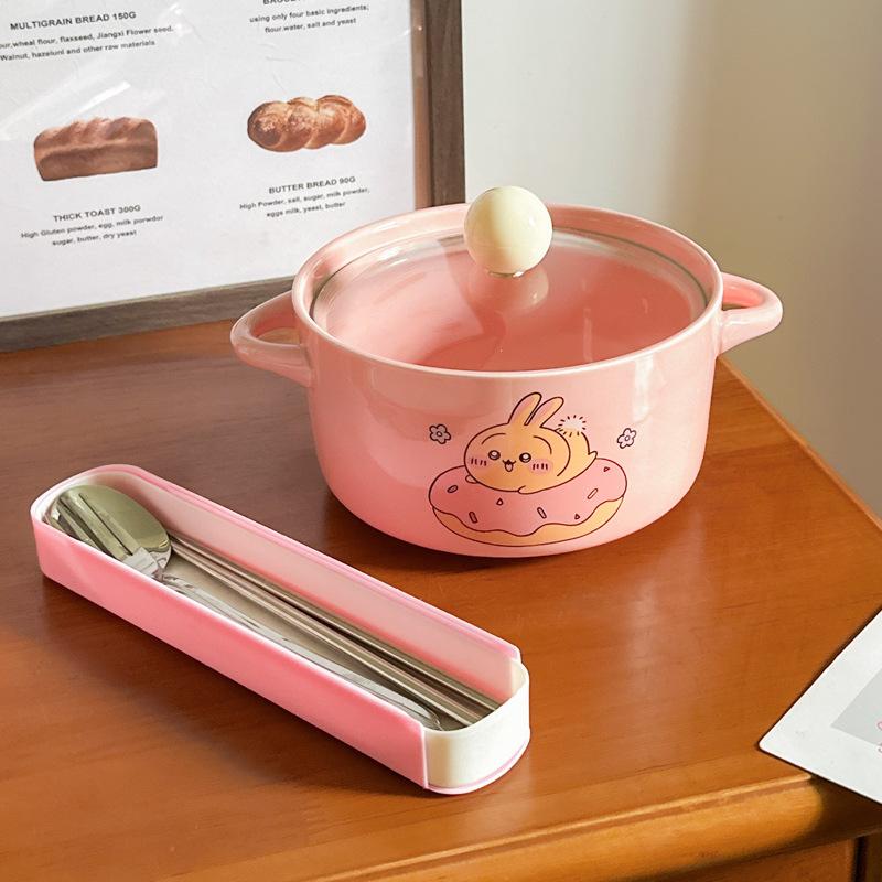 High-value Cute Tableware Ceramic Instant Noodle Bowl with Lid Children's Rice Bowl Student Dormitory Instant Noodle Bowl Binaural Soup Bowl
