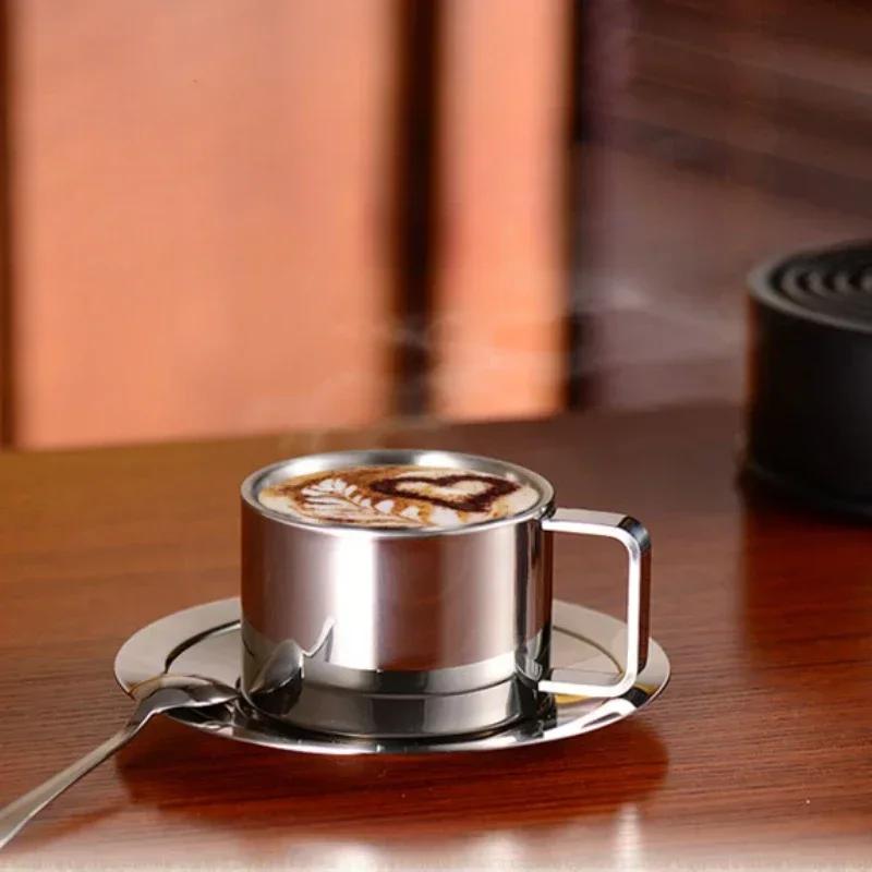 200ml Double Walled Heat Resistant Coffee Cup Set European Style Stainless Steel Water Cups with Saucer Spoon Cafe Accessories