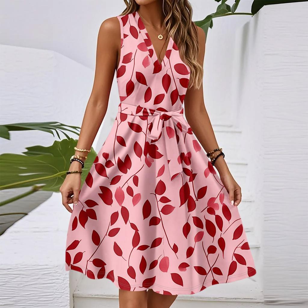 Women's Spring And Summer Casual V-Neck Sleeveless Waist Floral Print Midi Dress