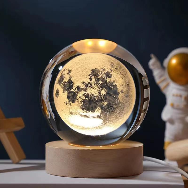 Crystal Ball With Wood Stand Laser Engraved 6CM Glass LED Crystal Ball Souvenir Gifts Home Decor Star Moon Night Light