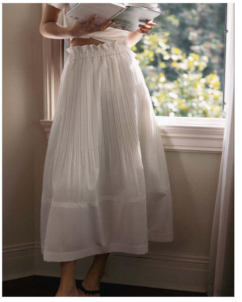 Women's White Pleated Midi Skirt - Minimalist A-line Style with Elastic Waist