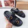Summer Beach Slippers for Woman Casual Outdoor Black Buckled Strap Female Flat Shoes Soft PU Leather Chic Ladies Slides