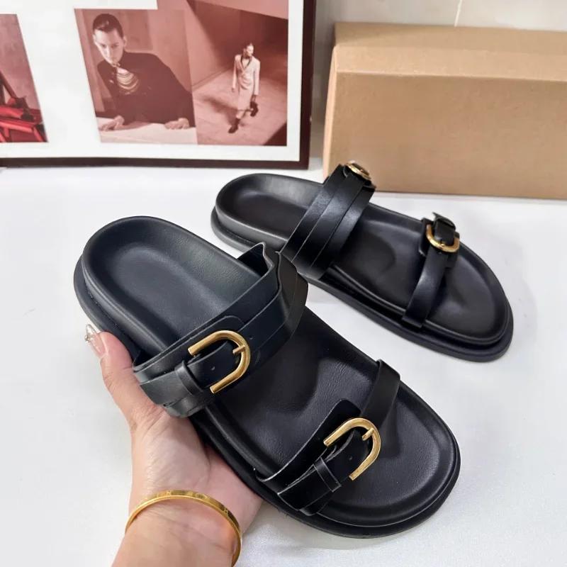 Summer Beach Slippers for Woman Casual Outdoor Black Buckled Strap Female Flat Shoes Soft PU Leather Chic Ladies Slides