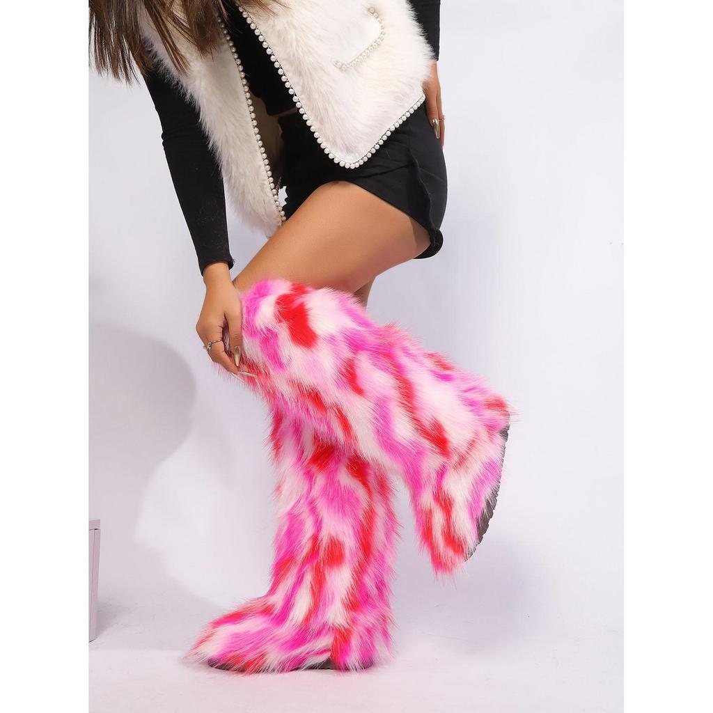 Damen Flauschige Kunstfell Hoher Schaft Schneestiefel Langfell Mongolische Wollstiefel Kniehohe Stiefel Knöchel Schneestiefel