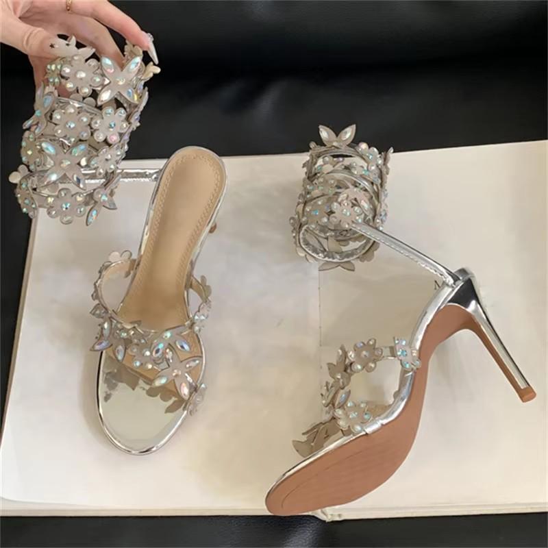 Fashion Eilyken Sexy Flower Crystal Rhinestone Pointed Toe Women Sandals Street Style Ankle Strap Banquet Wedding Thin High Heels Shoes